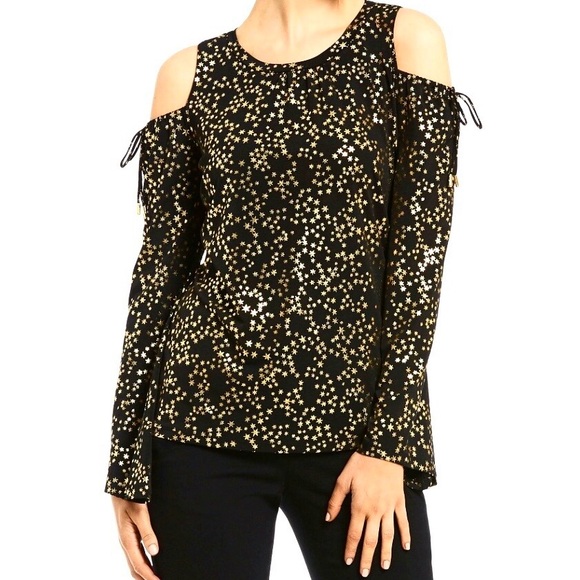 Michael Kors Cold Shoulders Blouse Gold Stars Print Long Sleeves Logo Ties - Picture 6 of 10